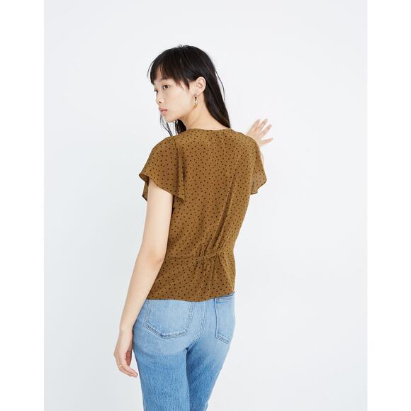 Madewell Silk Carmelina Olive Green Polka Dot Flutter-Sleeve Washable Top 6 - Picture 2 of 9